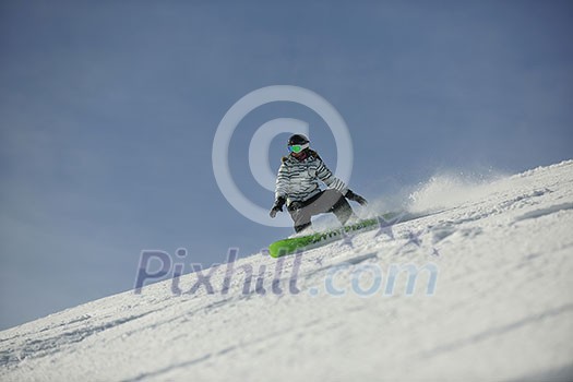 snowboard woman racing downhill slope and freeride on powder snow at winter season and sunny day snowboard woman racing downhill slope and freeride on powder snow at winter season and sunny day