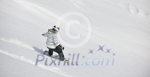 snowboard woman racing downhill slope and freeride on powder snow at winter season and sunny day snowboard woman racing downhill slope and freeride on powder snow at winter season and sunny day