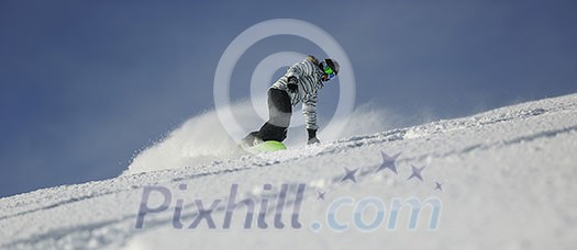 snowboard woman racing downhill slope and freeride on powder snow at winter season and sunny day snowboard woman racing downhill slope and freeride on powder snow at winter season and sunny day