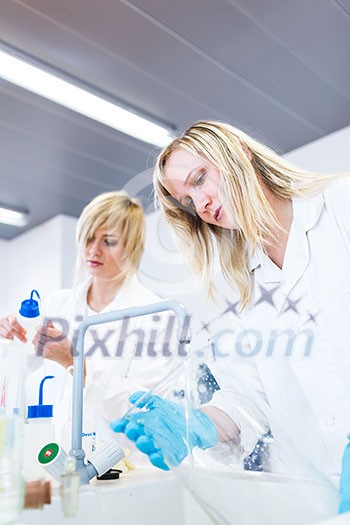 Two female researchers working in a laboratory (color toned image) Two female researchers working in a laboratory (color toned image)