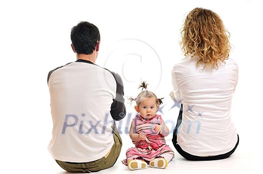 young happy family with beautiful baby isolated on white young happy family with beautiful baby isolated on white