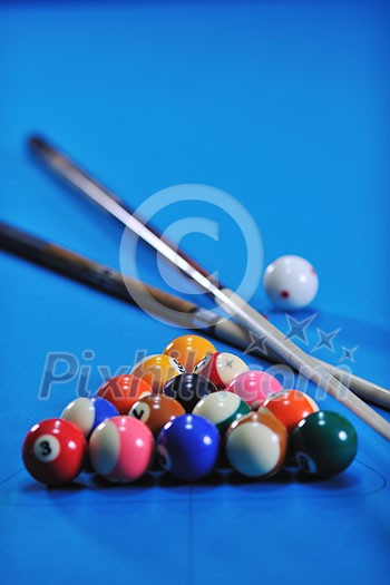 billiard sport game balls on blue table on billiard club ready to play billiard sport game balls on blue table on billiard club ready to play