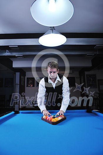 young pro billiard player finding best solution and right angle at billard or snooker pool sport game young pro billiard player finding best solution and right angle at billard or snooker pool sport game