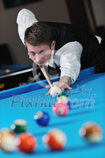 young pro billiard player finding best solution and right angle at billard or snooker pool sport game young pro billiard player finding best solution and right angle at billard or snooker pool sport game