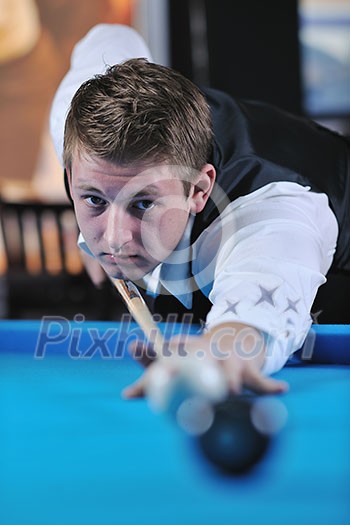 young pro billiard player finding best solution and right angle at billard or snooker pool sport game young pro billiard player finding best solution and right angle at billard or snooker pool sport game