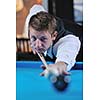 young pro billiard player finding best solution and right angle at billard or snooker pool sport  game 