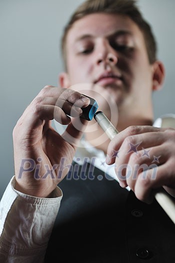 young pro billiard player finding best solution and right angle at billard or snooker pool sport game young pro billiard player finding best solution and right angle at billard or snooker pool sport game