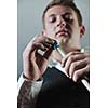 young pro billiard player finding best solution and right angle at billard or snooker pool sport  game 