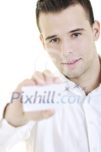happy young business man with empty card isolated on white happy young business man with empty card isolated on white