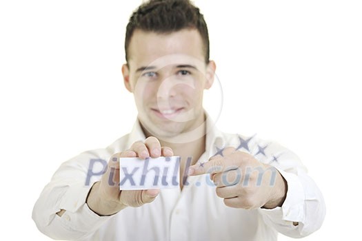 happy young business man with empty card isolated on white happy young business man with empty card isolated on white