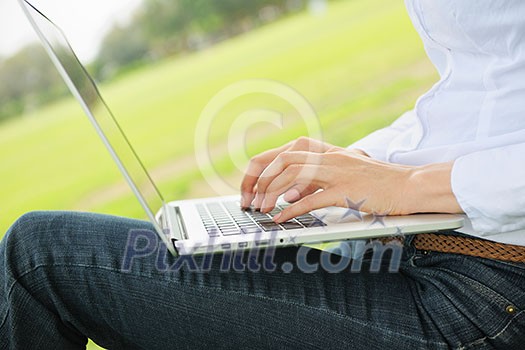 happy young student woman with laptop in city park study happy young student woman with laptop in city park study
