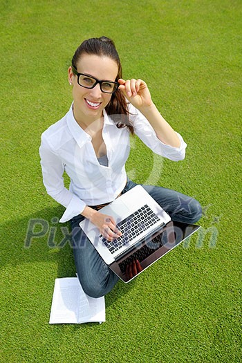 happy young student woman with laptop in city park study happy young student woman with laptop in city park study