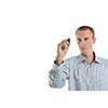 handsome young business man touching screen isolated on white bacground