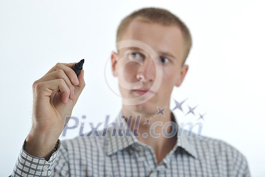 handsome young business man touching screen isolated on white bacground handsome young business man touching screen isolated on white bacground