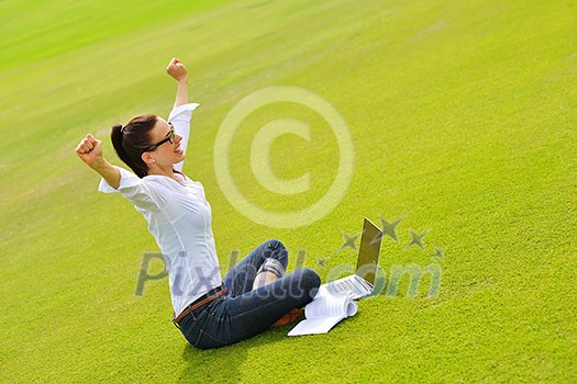 happy young student woman with laptop in city park study happy young student woman with laptop in city park study