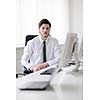 business people group with  headphones giving support in  help desk office to customers, manager giving training and education instructions