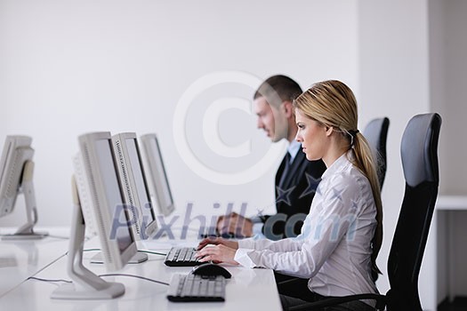 business people group with headphones giving support in help desk office to customers, manager giving training and education instructions business people group with headphones giving support in help desk office to customers, manager giving training and education instructions