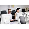 business people group with  headphones giving support in  help desk office to customers, manager giving training and education instructions