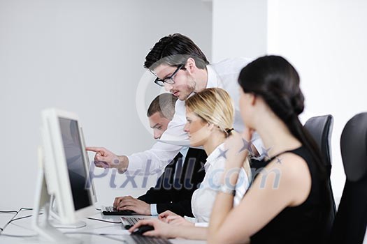business people group with headphones giving support in help desk office to customers, manager giving training and education instructions business people group with headphones giving support in help desk office to customers, manager giving training and education instructions