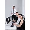 business people group with  headphones giving support in  help desk office to customers, manager giving training and education instructions