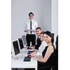 business people group with  headphones giving support in  help desk office to customers, manager giving training and education instructions