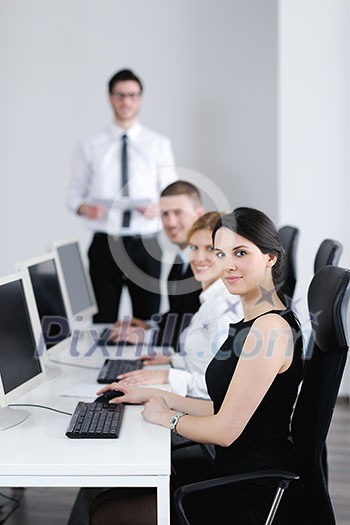 business people group with headphones giving support in help desk office to customers, manager giving training and education instructions business people group with headphones giving support in help desk office to customers, manager giving training and education instructions