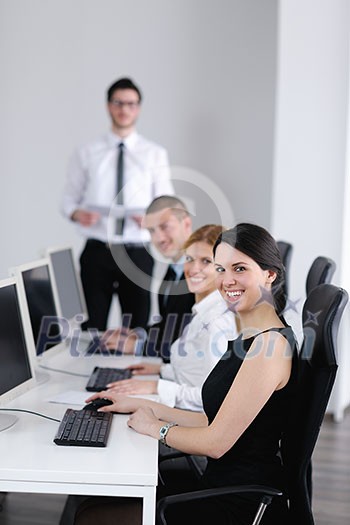 business people group with headphones giving support in help desk office to customers, manager giving training and education instructions business people group with headphones giving support in help desk office to customers, manager giving training and education instructions