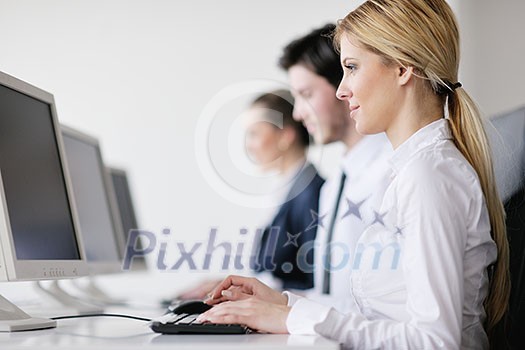 business people group with headphones giving support in help desk office to customers, manager giving training and education instructions business people group with headphones giving support in help desk office to customers, manager giving training and education instructions