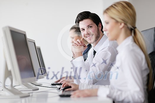 business people group with headphones giving support in help desk office to customers, manager giving training and education instructions business people group with headphones giving support in help desk office to customers, manager giving training and education instructions