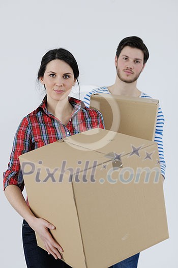 happy Young couple moving in new house happy Young couple moving in new house