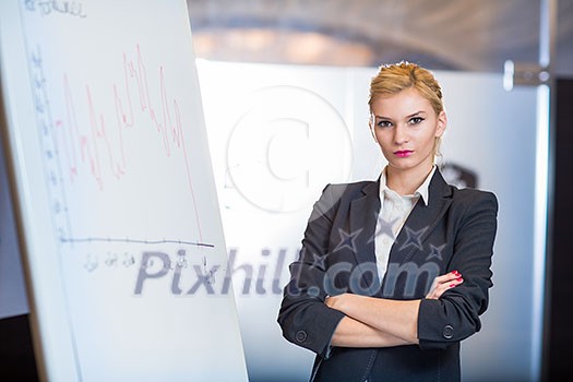 Woman making a business presentation - business success growth chart. Business woman drawing graph showing profit growth on whiteboard