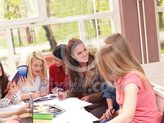 happy young teens group in school on chemisty lessons and library education happy young teens group in school on chemisty lessons and library education