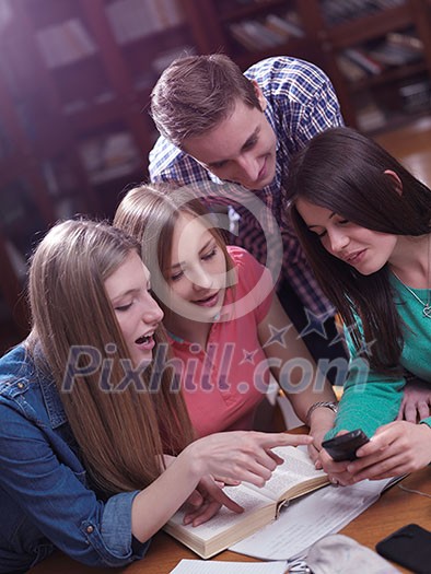 happy young teens group in school on chemisty lessons and library education happy young teens group in school on chemisty lessons and library education