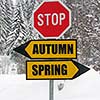 autumn and spring roadsign at cold winter day