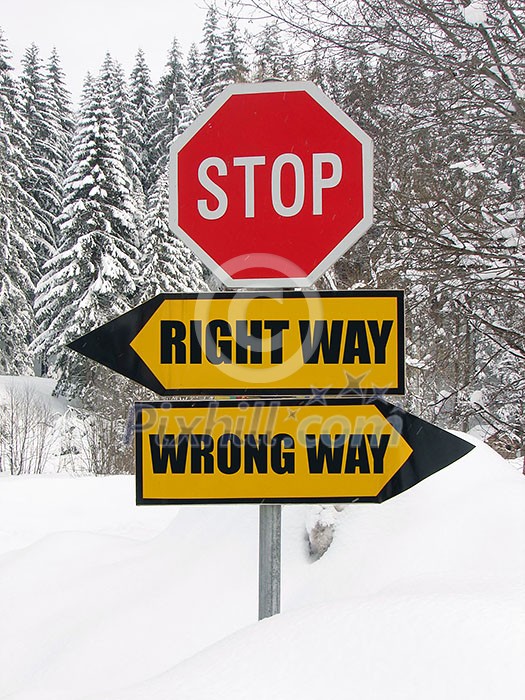 right and wrong way road sign in nature right and wrong way road sign in nature