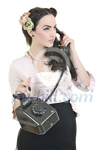 beautiful young woman girl talking on old phone isolated on white in studio beautiful young woman girl talking on old phone isolated on white in studio