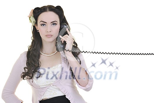 beautiful young woman girl talking on old phone isolated on white in studio beautiful young woman girl talking on old phone isolated on white in studio