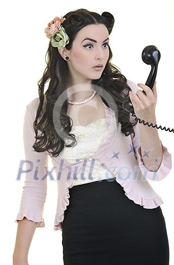 beautiful young woman girl talking on old phone isolated on white in studio beautiful young woman girl talking on old phone isolated on white in studio