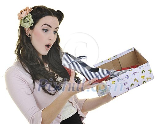 happy young woman with new shoes isolated on white happy young woman with new shoes isolated on white