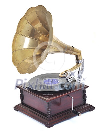retro old gramophone for playing music over plates isolated on white in studio retro old gramophone for playing music over plates isolated on white in studio