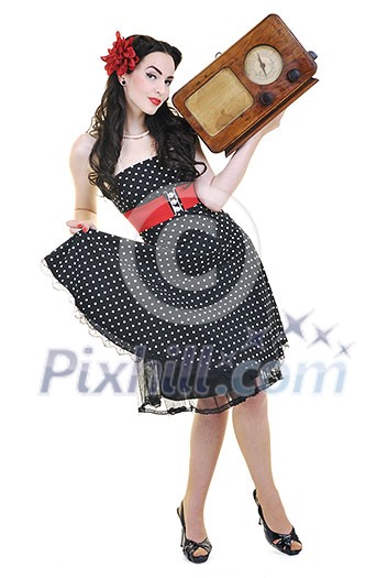 pretty girl listening music on radio isolated on white in studio pretty girl listening music on radio isolated on white in studio