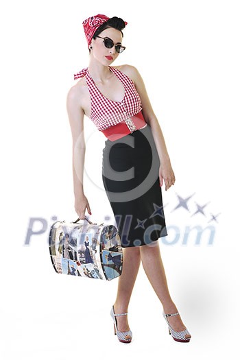 pretty young happy woman with travel bag waiting and posing isolated on white in studio pretty young happy woman with travel bag waiting and posing isolated on white in studio