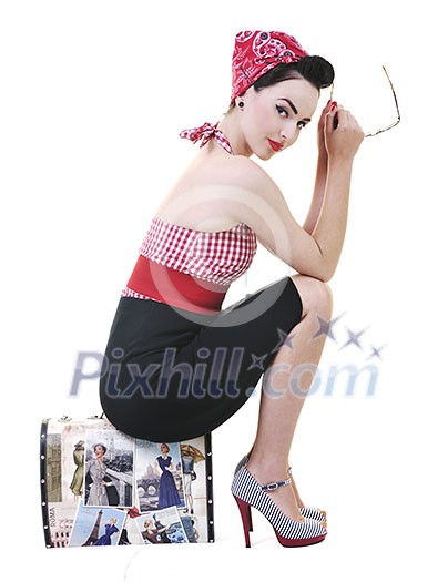 pretty young happy woman with travel bag waiting and posing isolated on white in studio pretty young happy woman with travel bag waiting and posing isolated on white in studio