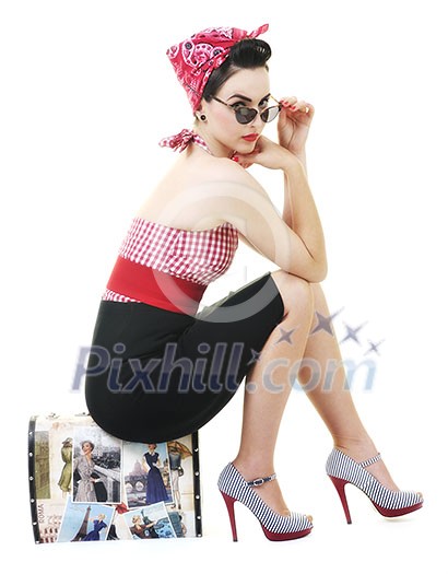 pretty young happy woman with travel bag waiting and posing isolated on white in studio pretty young happy woman with travel bag waiting and posing isolated on white in studio