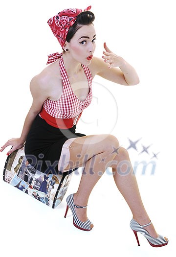 pretty young happy woman with travel bag waiting and posing isolated on white in studio pretty young happy woman with travel bag waiting and posing isolated on white in studio