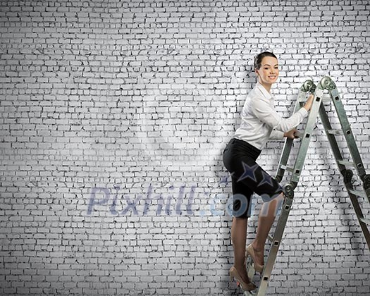 Image of young ambitious businesswoman climbing ladder. Promotion concept