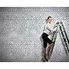 Image of young ambitious businesswoman climbing ladder. Promotion concept