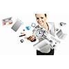 Businesswoman, secretary throwing devices. Office life concept