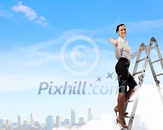 Image of young ambitious businesswoman climbing ladder. Promotion concept Image of young ambitious businesswoman climbing ladder. Promotion concept