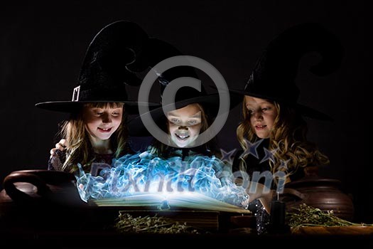 Three little Halloween witches reading spell above pot Three little Halloween witches reading spell above pot